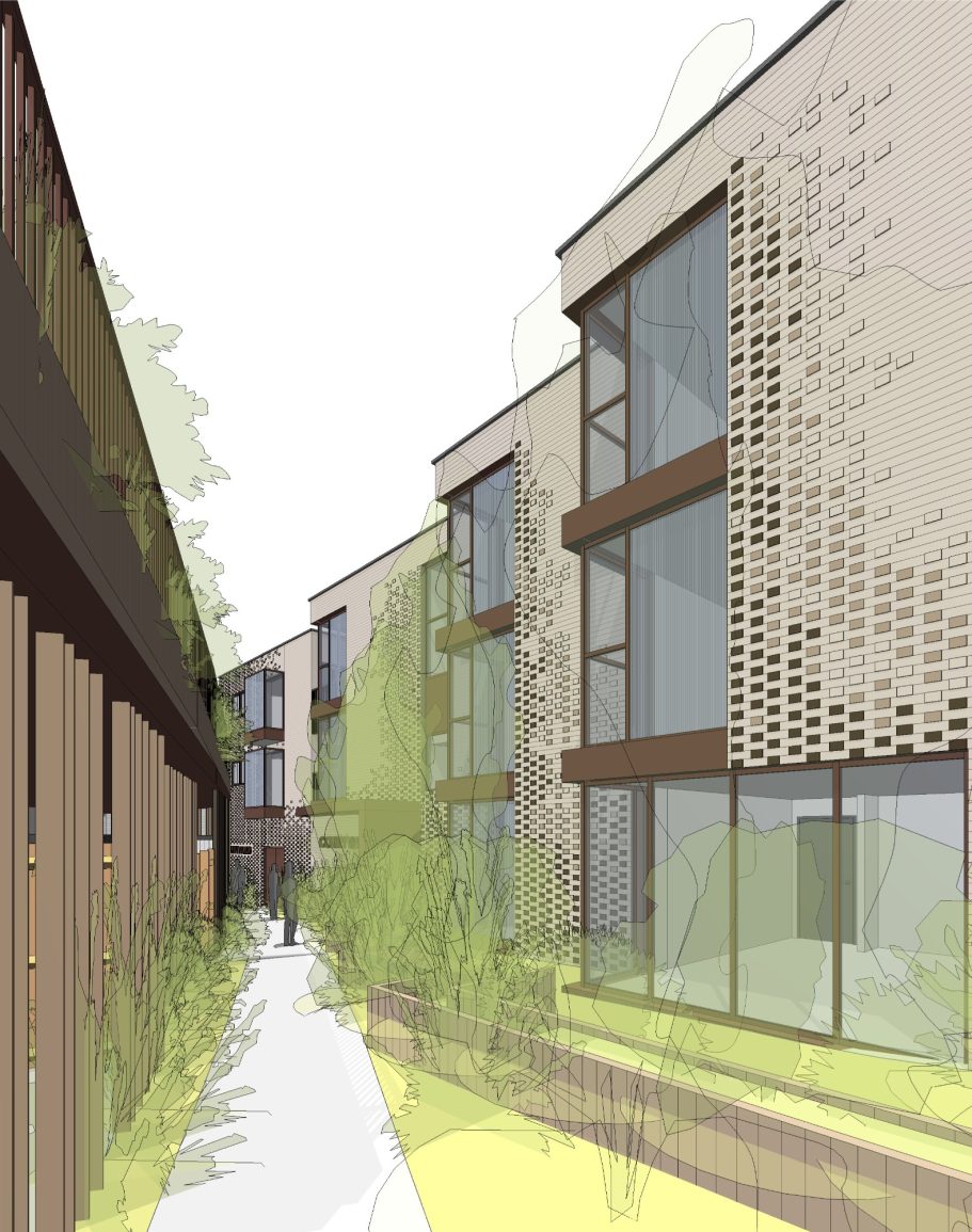 Modern architectural design featuring multi-storey buildings with large windows and greenery.