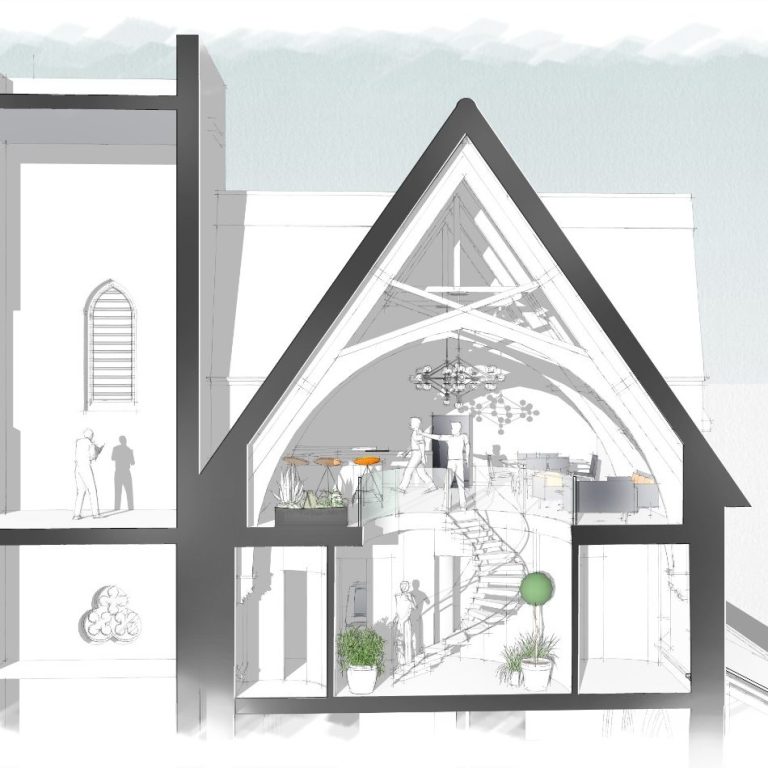 Cross-sectional architectural drawing of a house, showcasing interior spaces and layout.