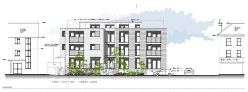 Robert Davies John West Limited — Architectural drawing of a three-storey building with greenery in front.