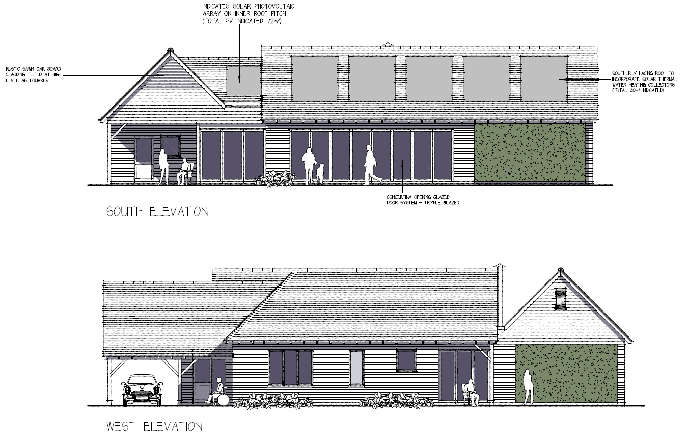 Architectural elevation drawings of a two-storey building with porch and side views.
