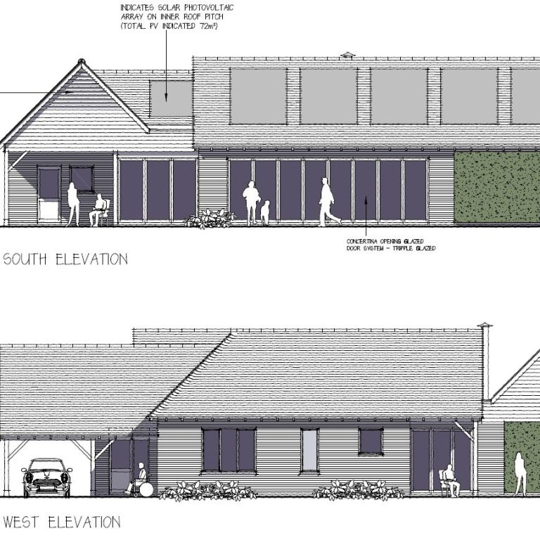 Architectural elevation drawings of a building showing south and west views.