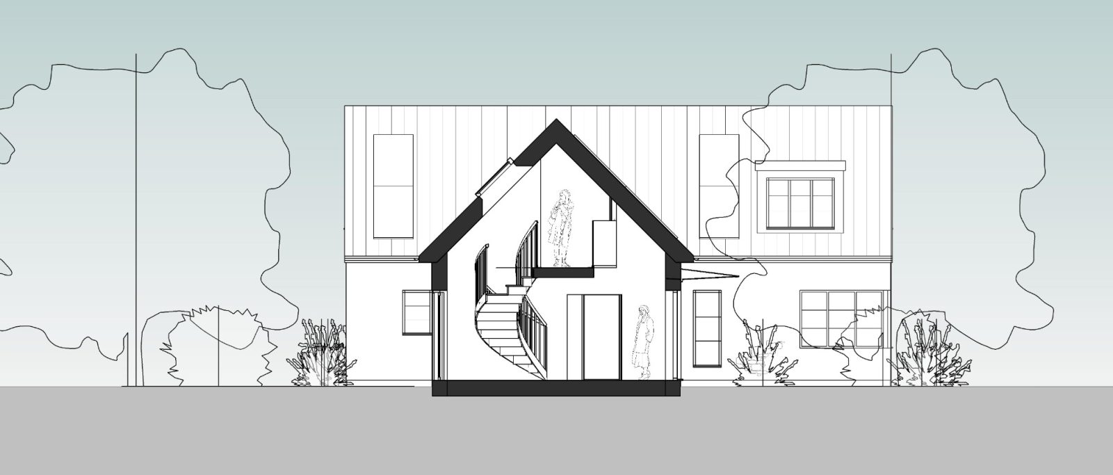 Illustration of a modern house with a stylised flame symbol indicating fire safety features.