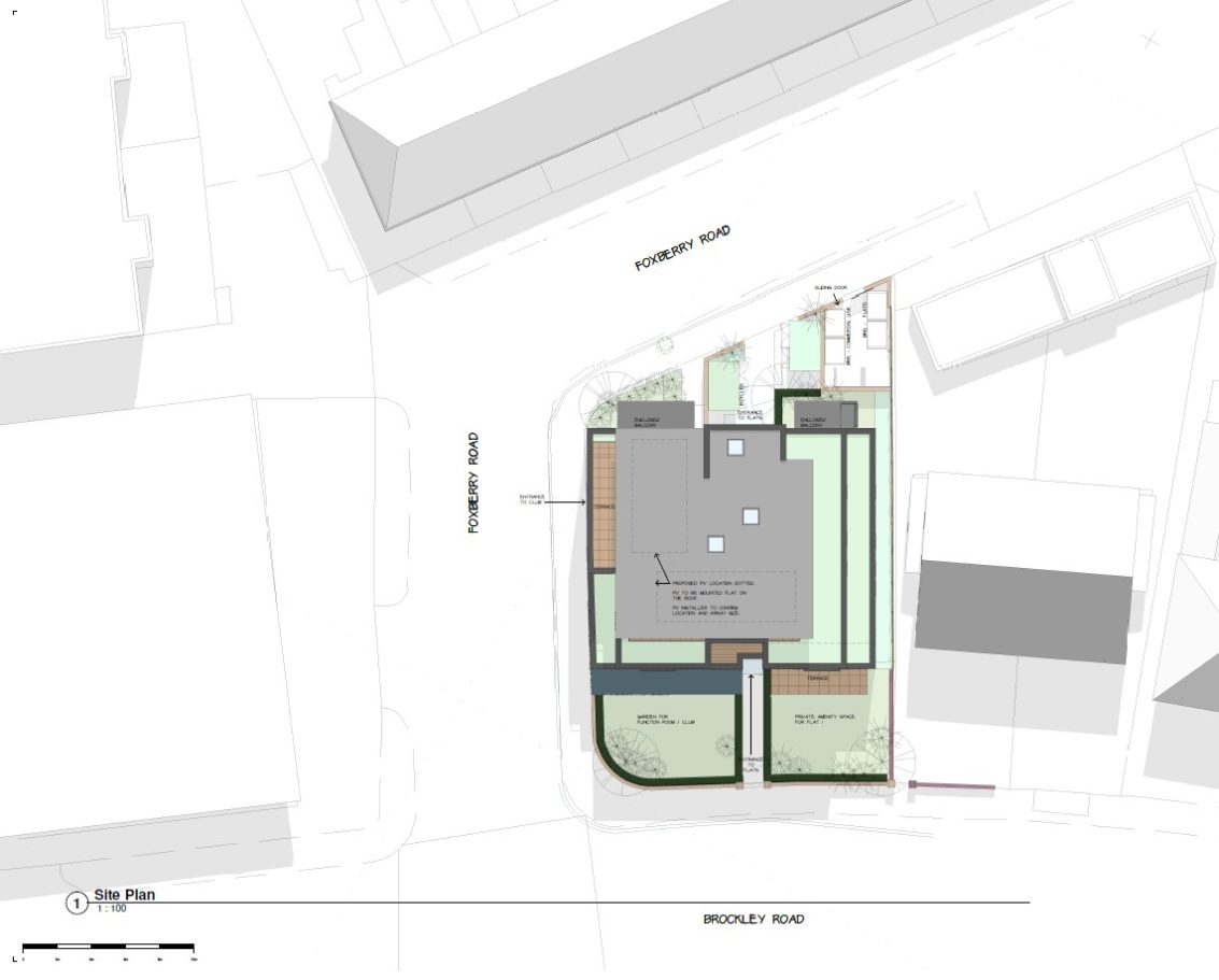 Site plan showing building layout, pathways, and surrounding structures.