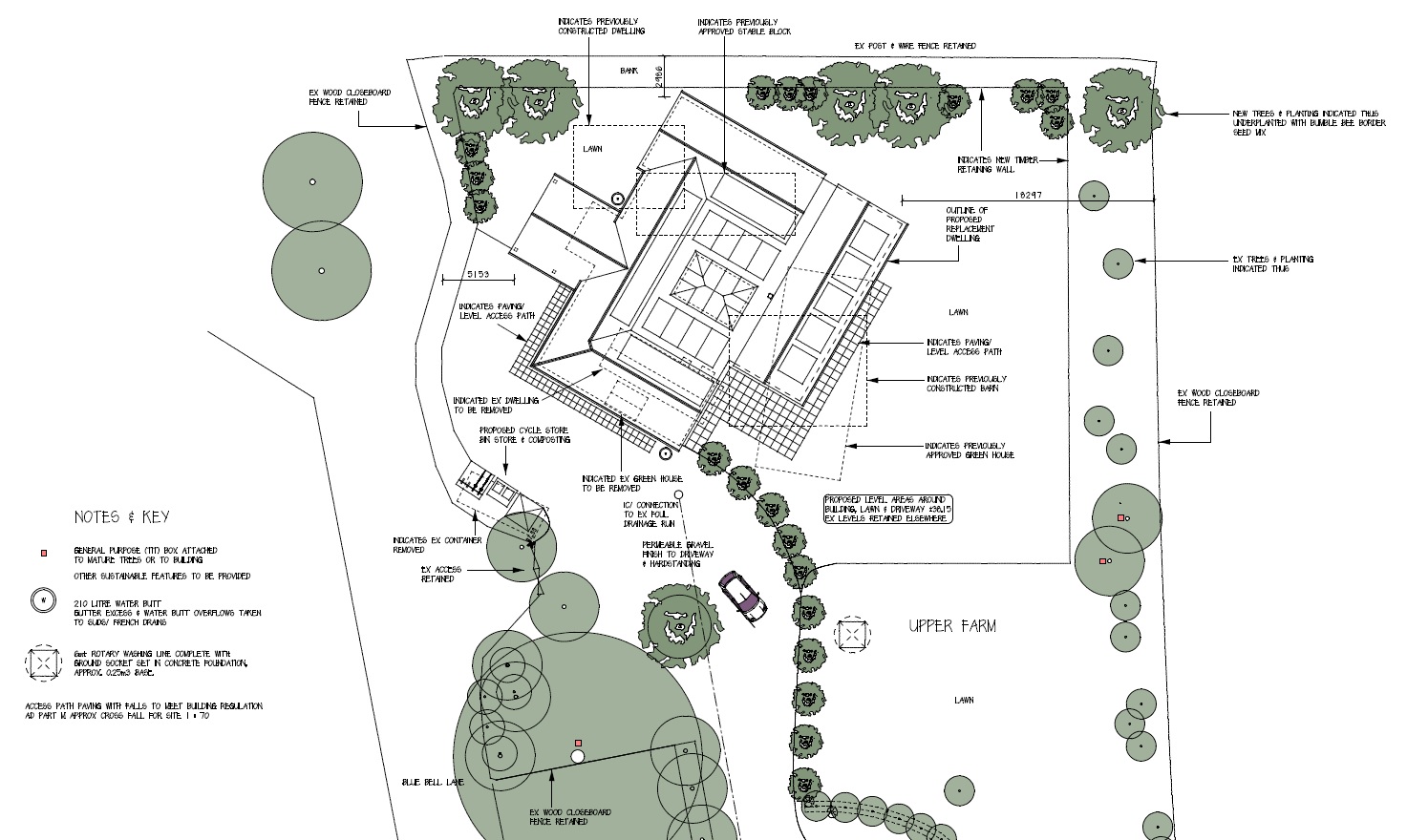 Architectural site plan featuring landscaping, pathways, and a building layout.