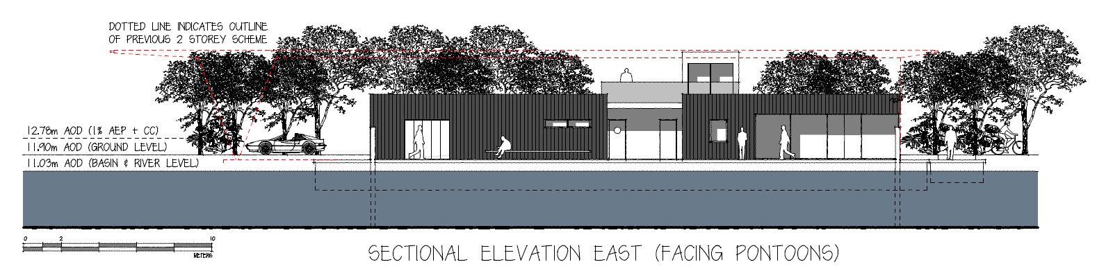 Architectural elevation drawing showing a modern building design amid trees and water.