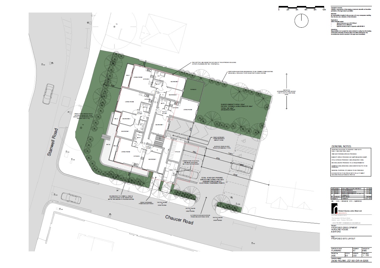 Site plan showing buildings, pathways, and landscaping layout.