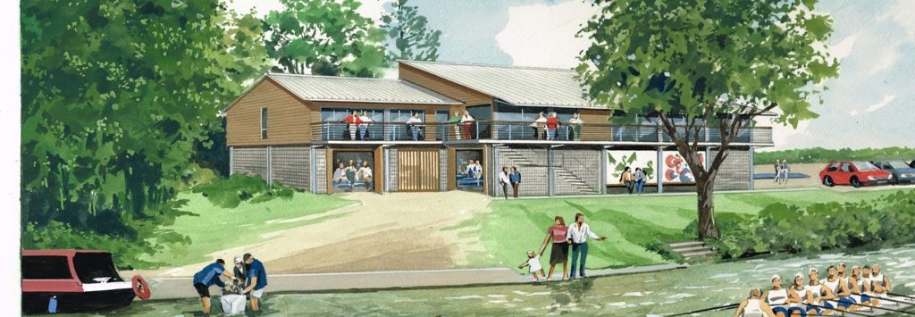 Illustration of a riverside building with people rowing and enjoying outdoor activities.