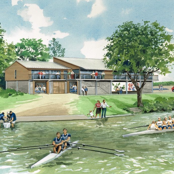 Conceptual drawing of a riverside building with people rowing and socialising nearby.