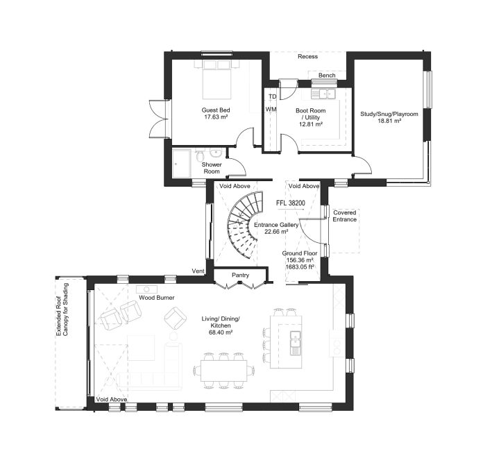 Floor plan depicting a single-storey layout with labelled rooms and dimensions.