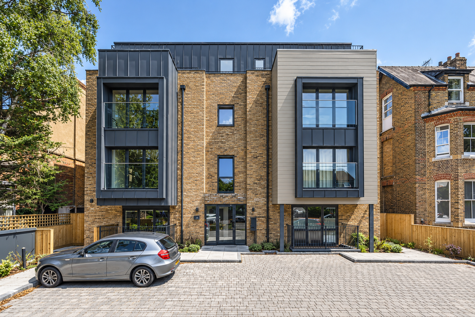 The Avenue, Surbiton Modern three-storey building with large windows and a parked car in front.