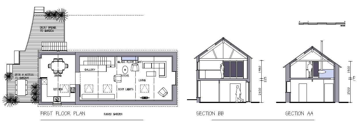 Floor plan and elevations of a residential house design.