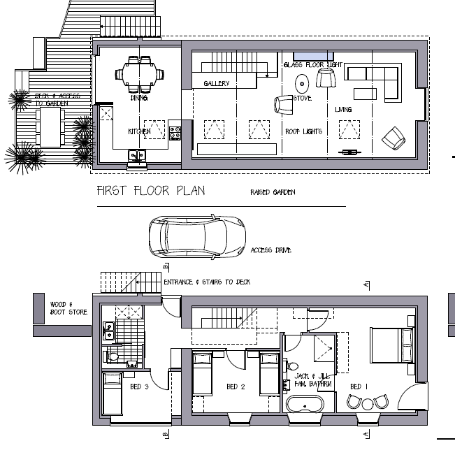 Floor plan showing the layout of a two-storey house, with rooms and furnishings.