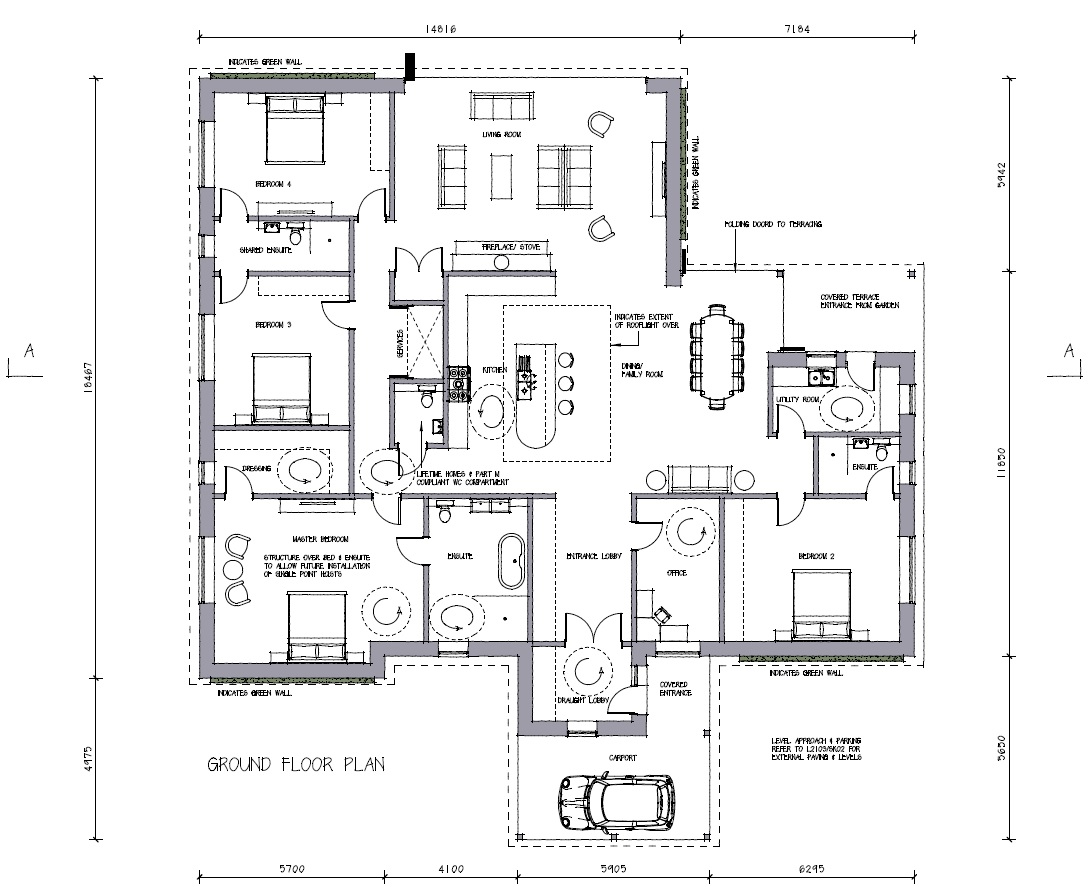 Floor plan of a single-storey house with multiple rooms and an open living area.