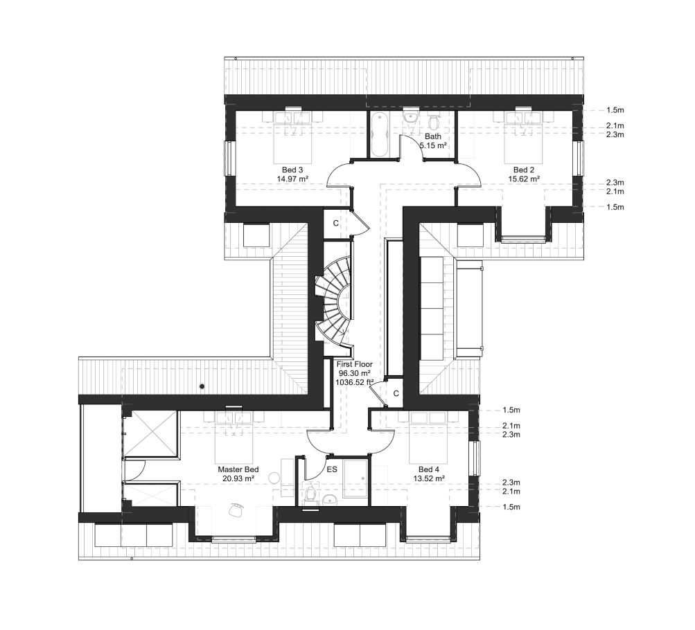 Floor plan of a residential layout with multiple rooms and defined spaces.