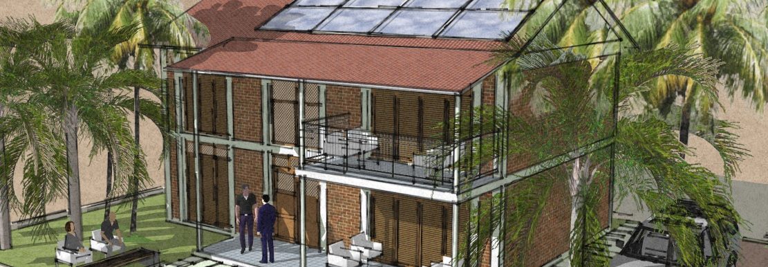 Modern two-storey house with solar panels and surrounding palm trees.