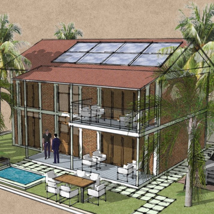 Modern house design with solar panels, patio, pool, and palm trees.