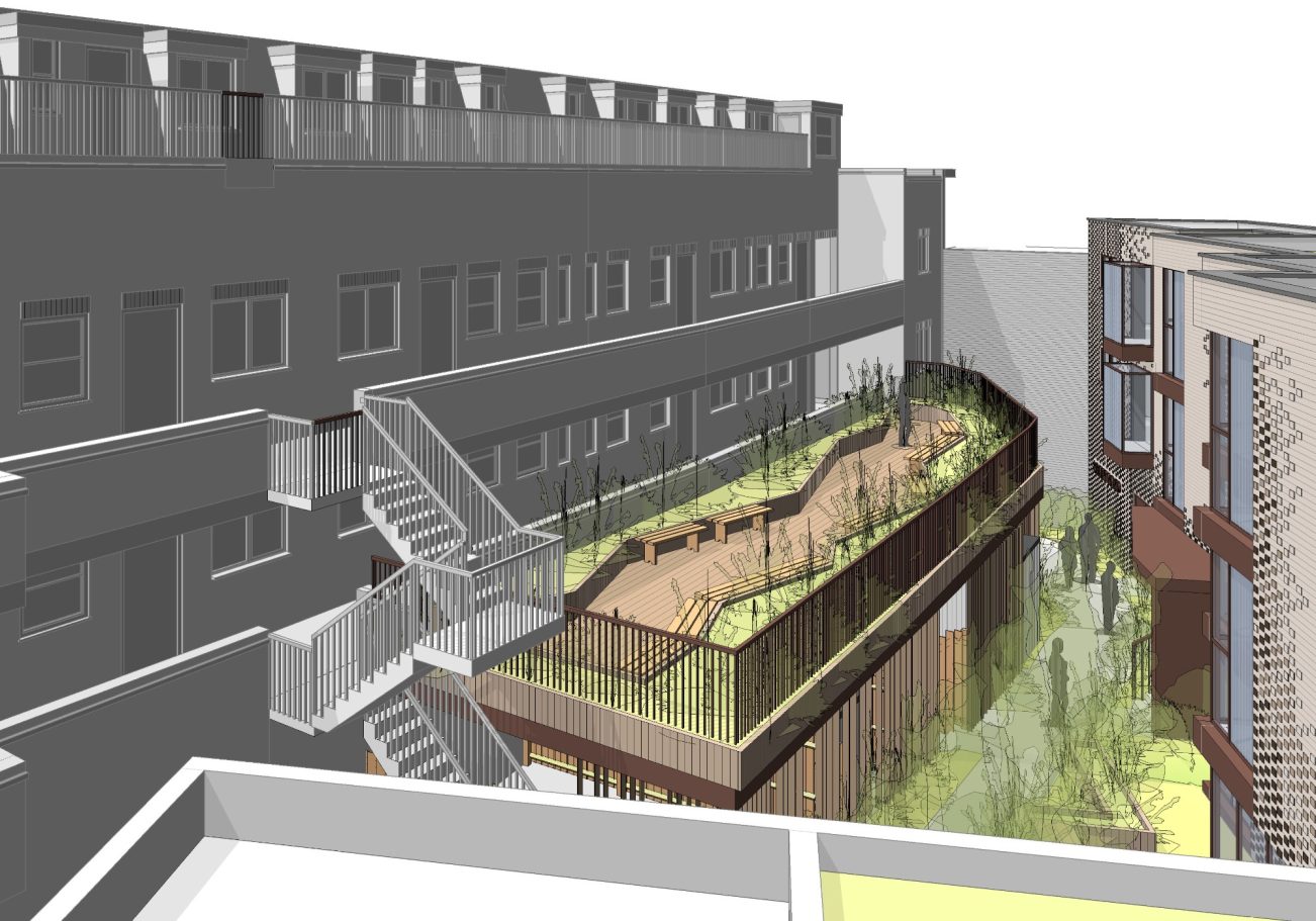 Architectural design of a landscaped courtyard with greenery and seating areas.