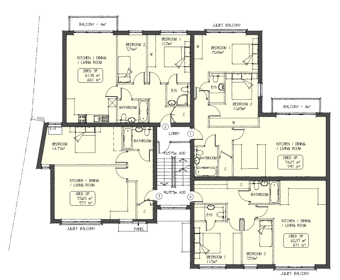 Blueprint of a four-bedroom house layout with living areas and bathrooms.