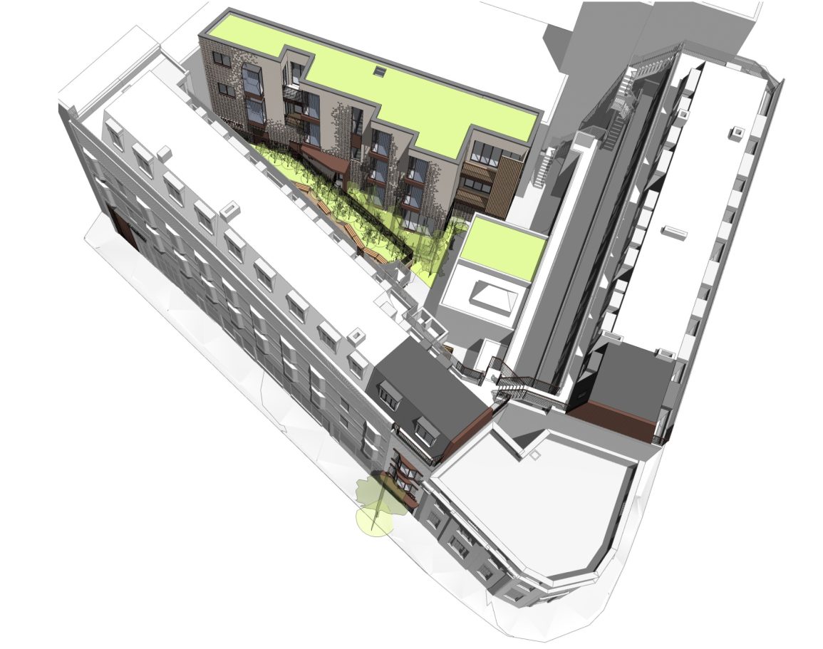 Architectural rendering of a building with green roofing and landscaping.