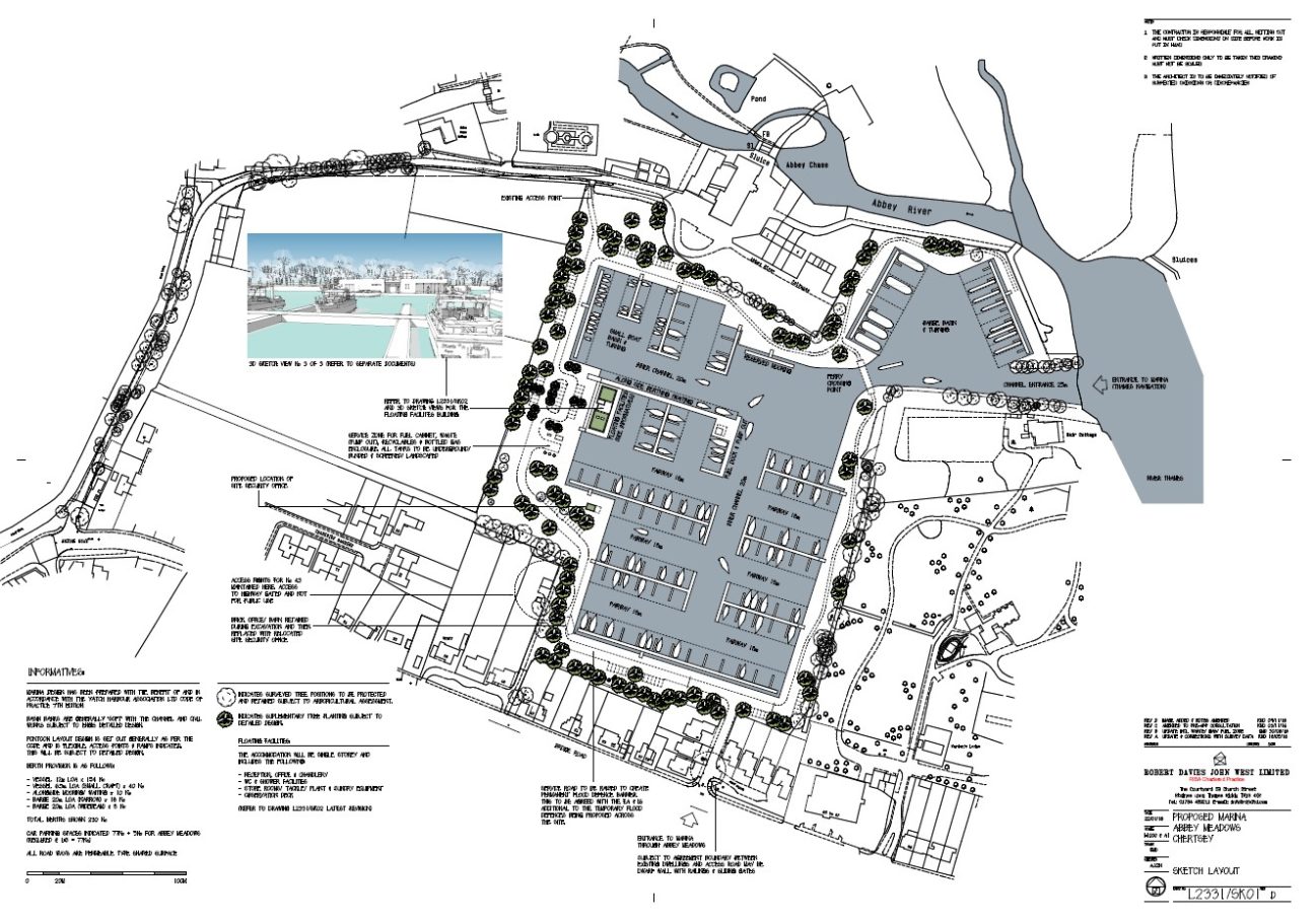 Site plan showing layout of buildings, landscaping, and water features.