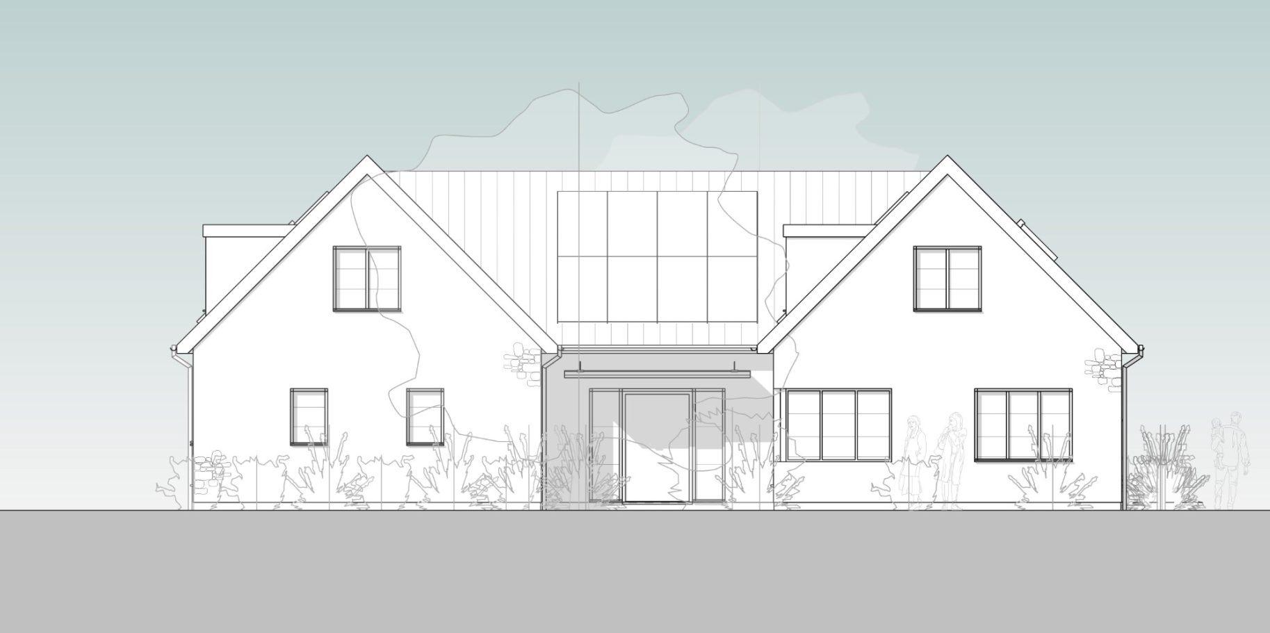 Front elevation of a modern house featuring large windows and a gabled roof.
