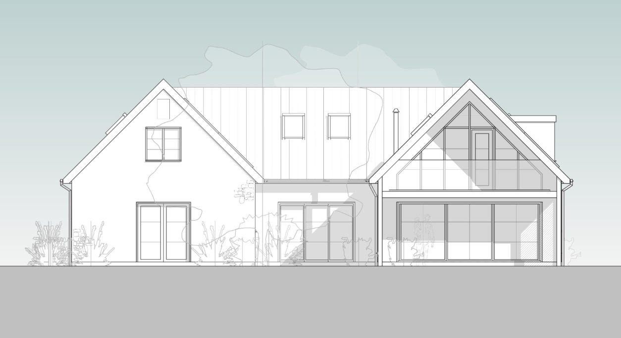 Architectural sketch of a contemporary house with large windows and a sloping roof.