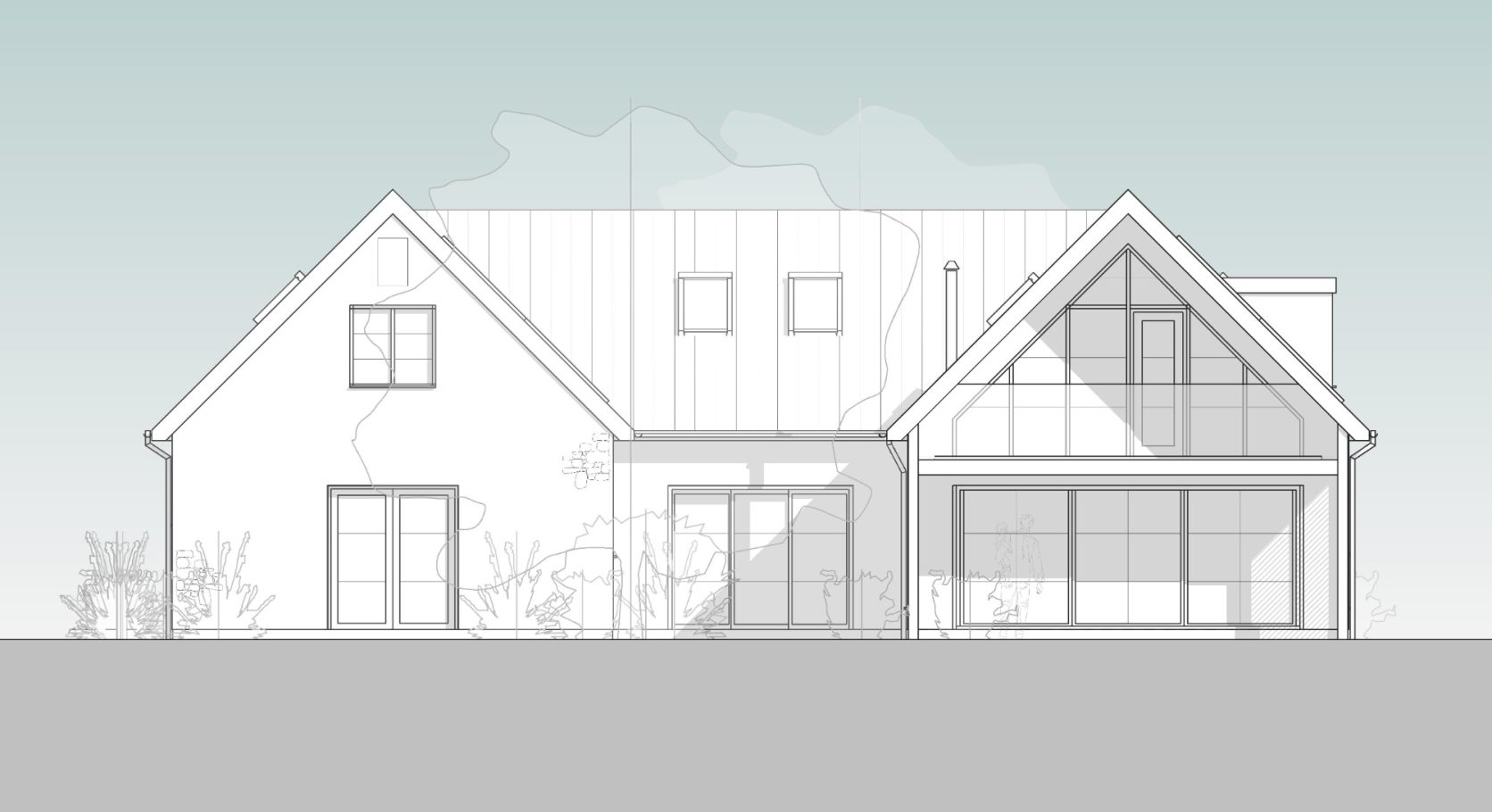 Architectural sketch of a contemporary house with large windows and a sloping roof.