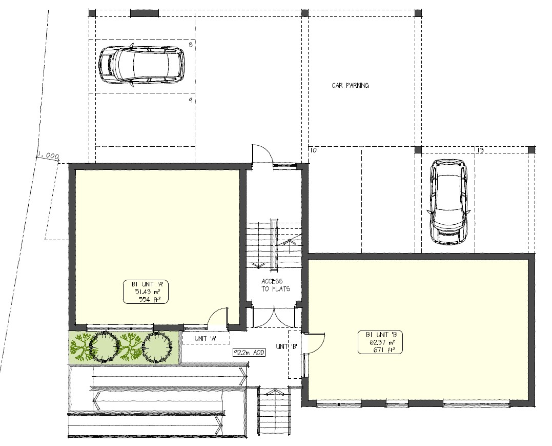 Architectural floor plan featuring two rooms, a garage, and outdoor space layout.
